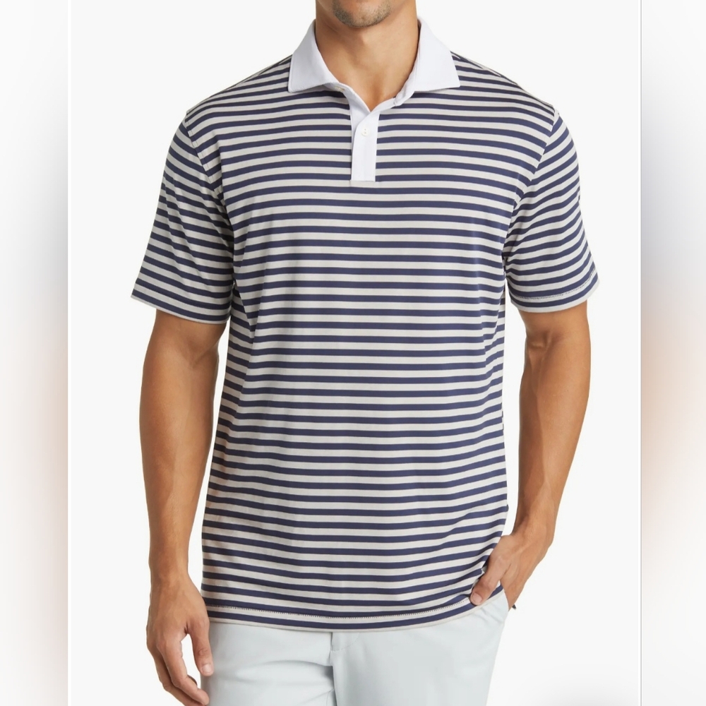 Peter Millar Blue and White Polo Shirt with Nautical Stripes